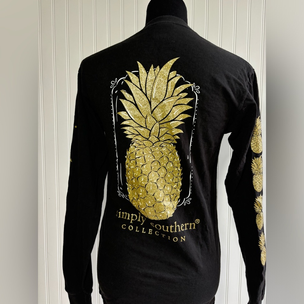Simply Southern Preppy Gold Glitter Pineapple Tee Shirt Black Small Beachy